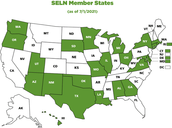 The 24 SELN Member States highlighted green on a US map.
