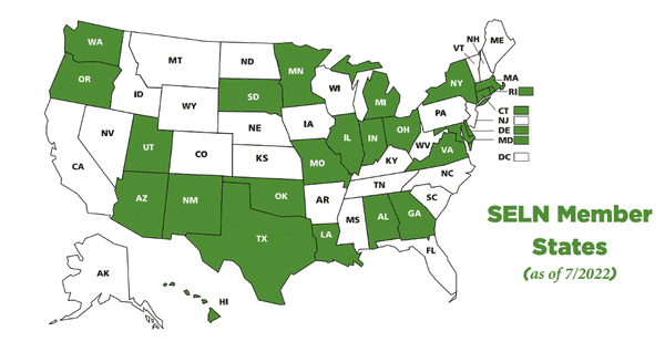 The 25 SELN Member States highlighted green on a US map.